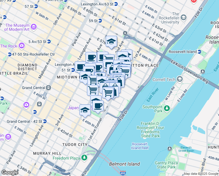 map of restaurants, bars, coffee shops, grocery stores, and more near 335 East 51st Street in New York