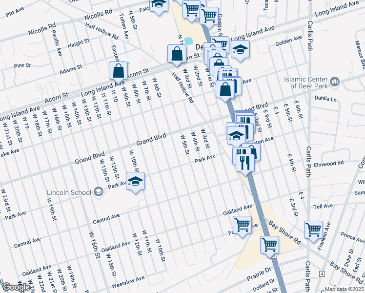 map of restaurants, bars, coffee shops, grocery stores, and more near 138 West 5th Street in Deer Park