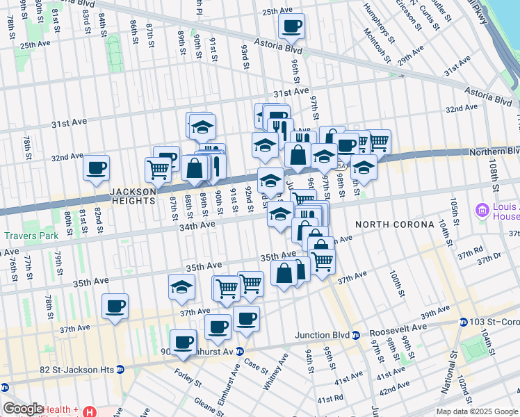 map of restaurants, bars, coffee shops, grocery stores, and more near 33-44 93rd Street in Queens