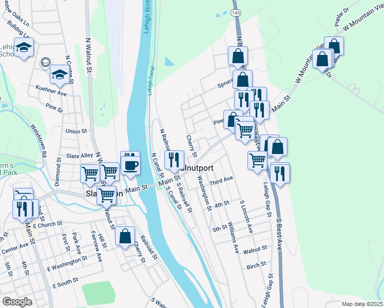 map of restaurants, bars, coffee shops, grocery stores, and more near 15 Cherry Street in Walnutport
