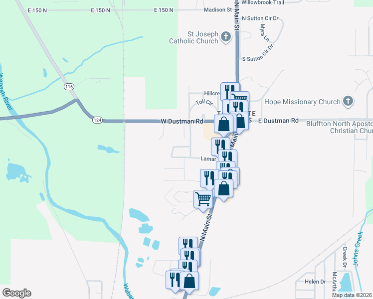 map of restaurants, bars, coffee shops, grocery stores, and more near 404 Linnwood Drive in Bluffton
