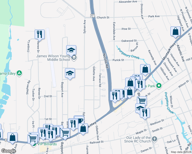 map of restaurants, bars, coffee shops, grocery stores, and more near 633 Gillette Avenue in Bayport