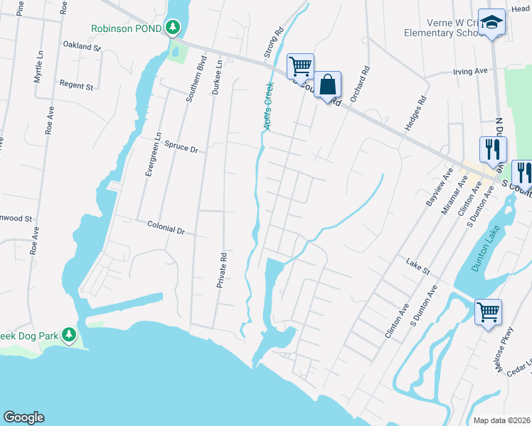 map of restaurants, bars, coffee shops, grocery stores, and more near 37 Roosevelt Boulevard in Patchogue
