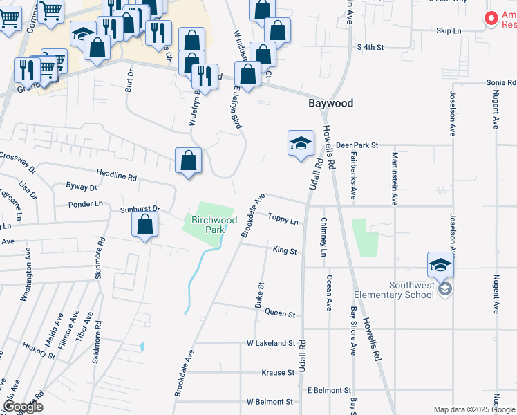 map of restaurants, bars, coffee shops, grocery stores, and more near 19 Toppy Lane in Bay Shore