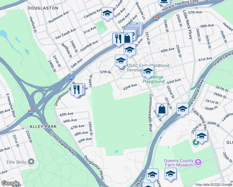 map of restaurants, bars, coffee shops, grocery stores, and more near 245-36 62nd Avenue in Queens