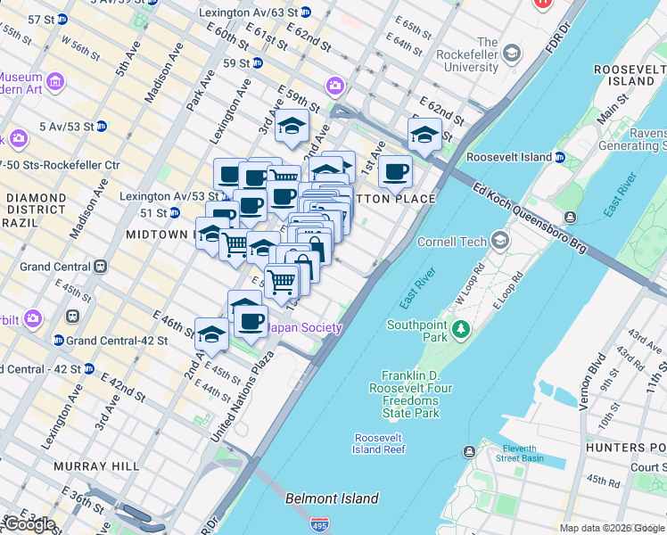 map of restaurants, bars, coffee shops, grocery stores, and more near 415 East 52nd Street in New York