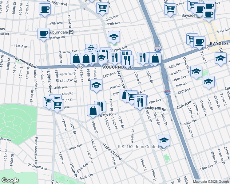 map of restaurants, bars, coffee shops, grocery stores, and more near 196-45 45th Drive in Queens
