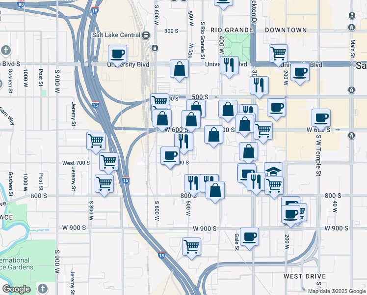 map of restaurants, bars, coffee shops, grocery stores, and more near 650 South 500 West in Salt Lake City