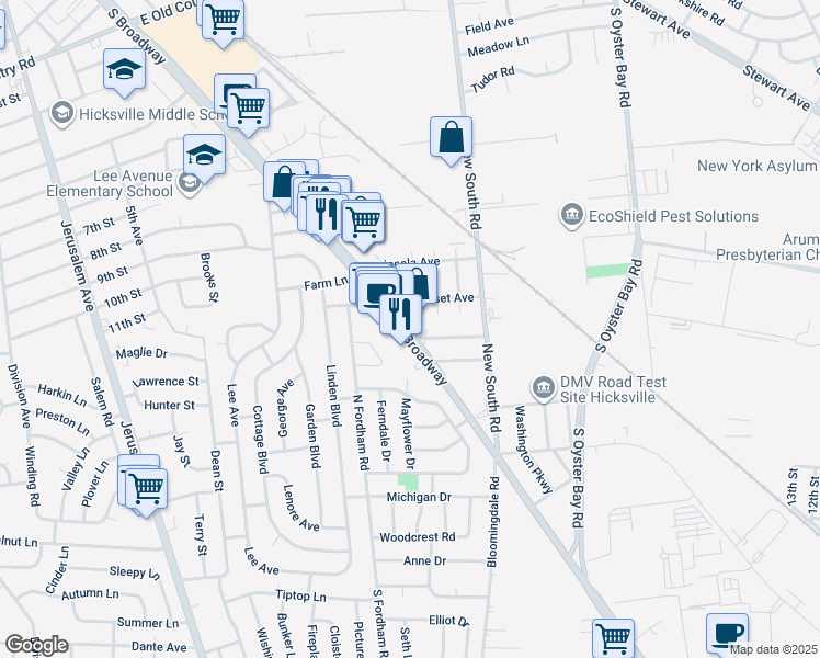 map of restaurants, bars, coffee shops, grocery stores, and more near 539 South Broadway in Hicksville