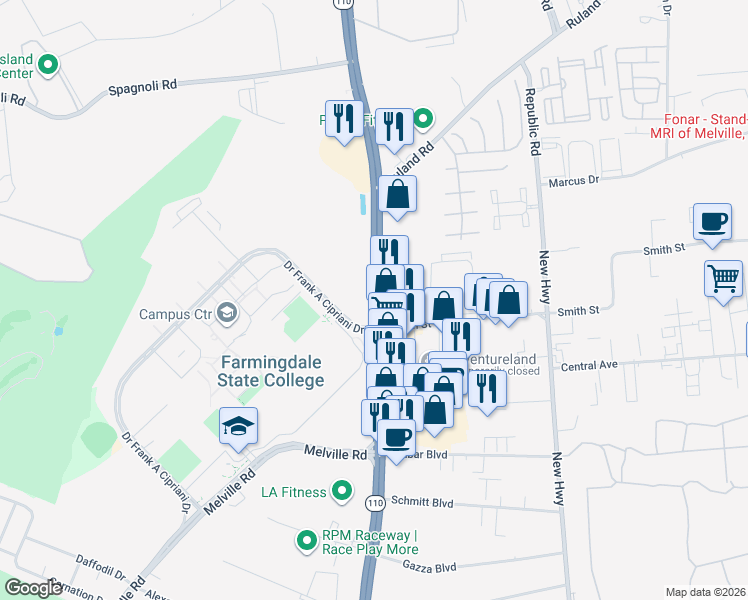 map of restaurants, bars, coffee shops, grocery stores, and more near 2350 Broadhollow Road in Farmingdale
