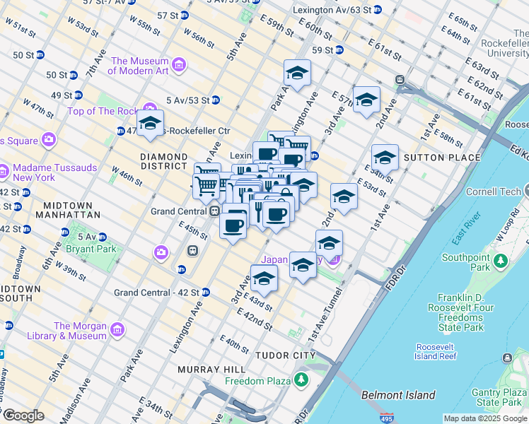 map of restaurants, bars, coffee shops, grocery stores, and more near 145 East 48th Street in New York
