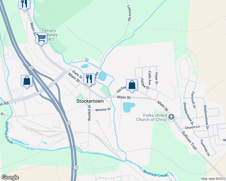 map of restaurants, bars, coffee shops, grocery stores, and more near 104 Old Easton Road in Easton