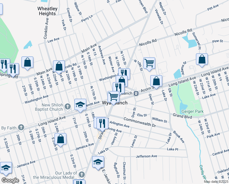 map of restaurants, bars, coffee shops, grocery stores, and more near 1580 Straight Path in Wyandanch