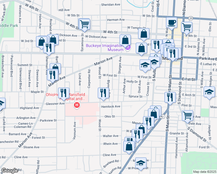 map of restaurants, bars, coffee shops, grocery stores, and more near 135 Blymyer Avenue in Mansfield