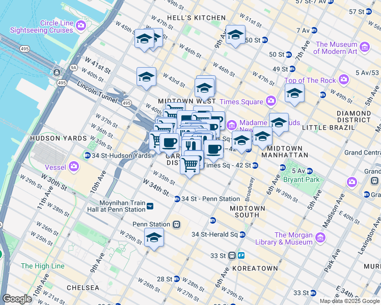 map of restaurants, bars, coffee shops, grocery stores, and more near 307 West 38th Street in New York