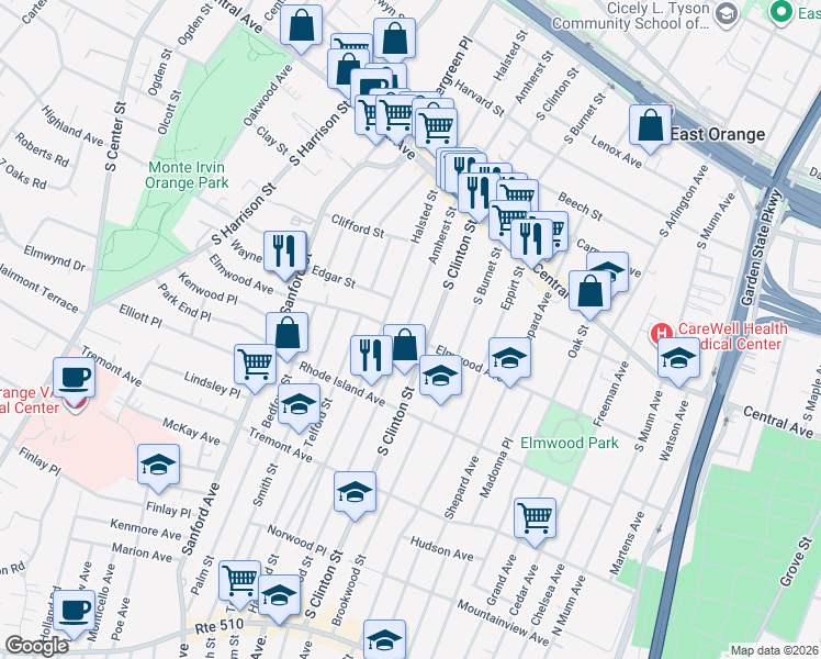 map of restaurants, bars, coffee shops, grocery stores, and more near 218 Elmwood Avenue in East Orange