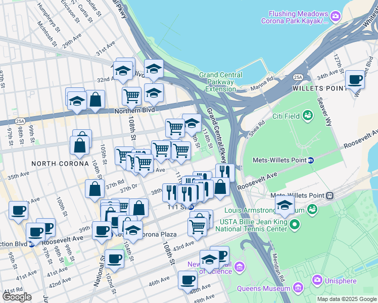 map of restaurants, bars, coffee shops, grocery stores, and more near 55 112th Street in Queens