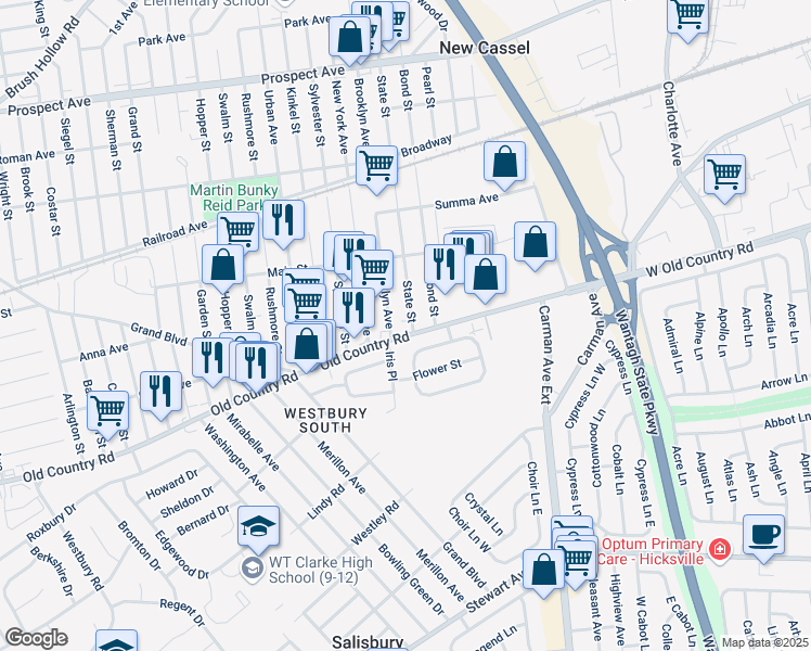 map of restaurants, bars, coffee shops, grocery stores, and more near 1007 Old Country Road in Westbury