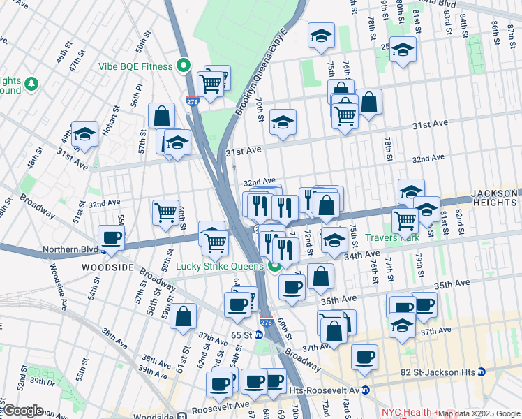 map of restaurants, bars, coffee shops, grocery stores, and more near 32-45 69th Street in Queens