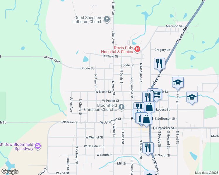 map of restaurants, bars, coffee shops, grocery stores, and more near 401 North West Street in Bloomfield