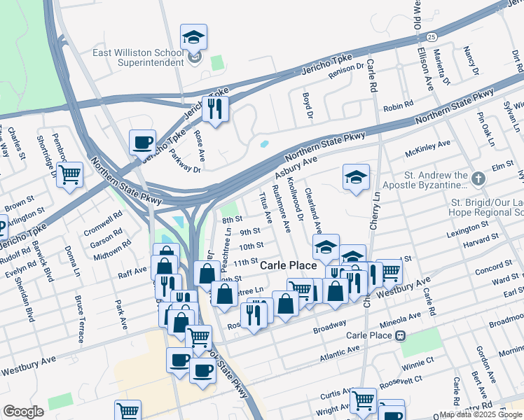 map of restaurants, bars, coffee shops, grocery stores, and more near 21 8th Street in Carle Place