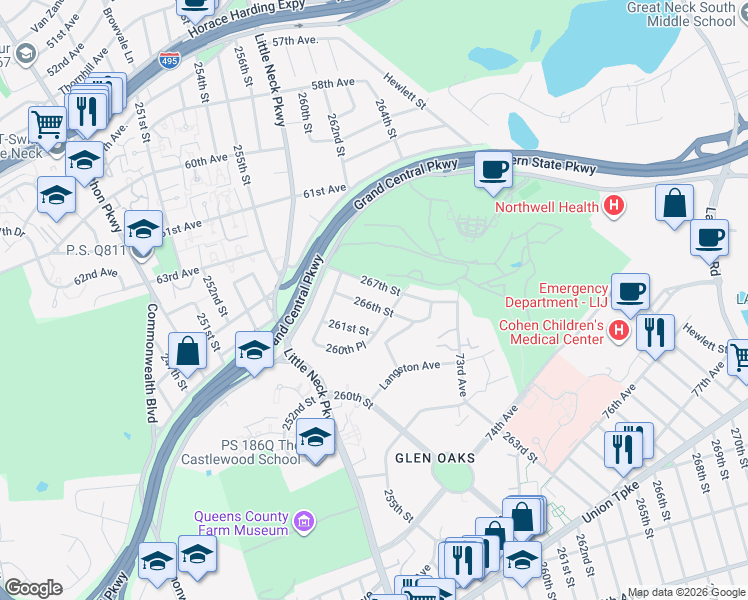 map of restaurants, bars, coffee shops, grocery stores, and more near 69-45 266th Street in Queens