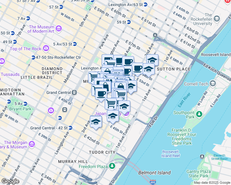 map of restaurants, bars, coffee shops, grocery stores, and more near 234 East 50th Street in New York