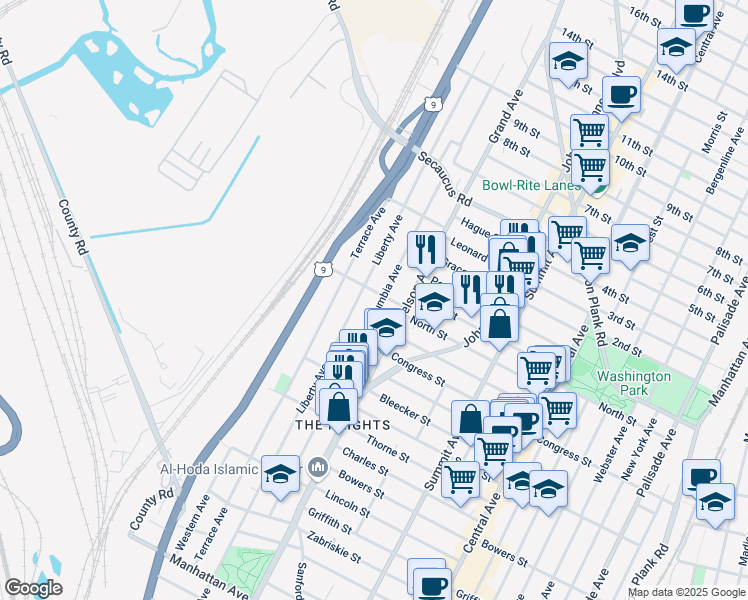 map of restaurants, bars, coffee shops, grocery stores, and more near 208 Columbia Avenue in Jersey City