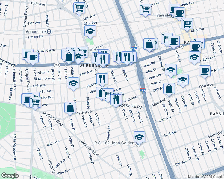 map of restaurants, bars, coffee shops, grocery stores, and more near 200-23 46th Avenue in Queens