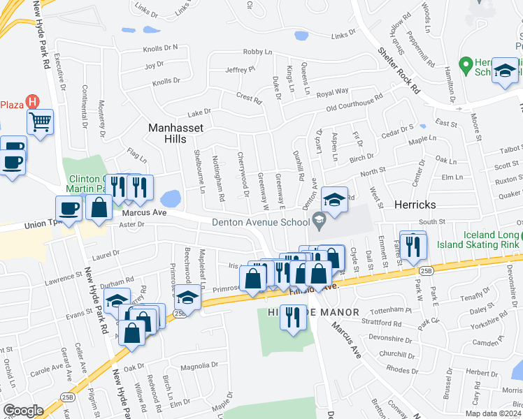 map of restaurants, bars, coffee shops, grocery stores, and more near 101 Greenway West in New Hyde Park