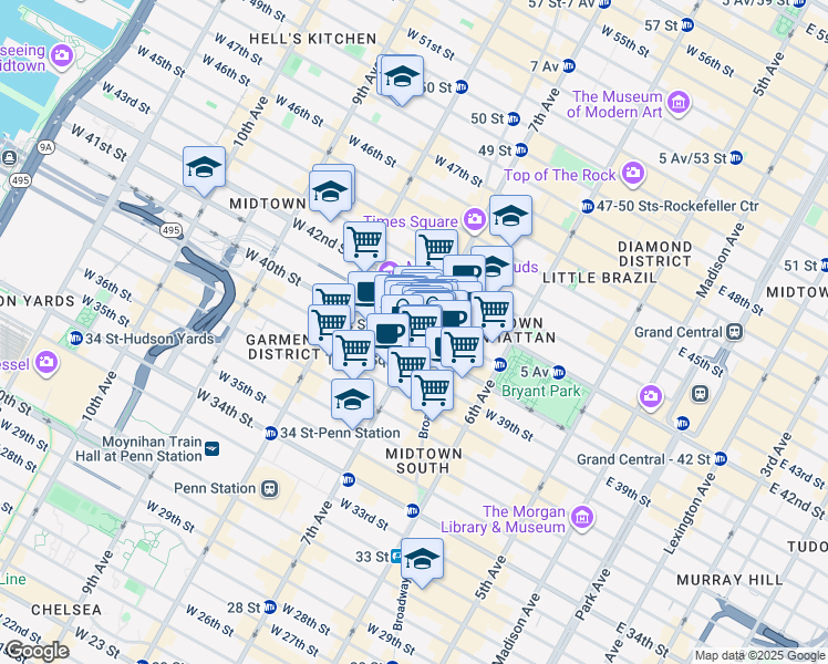 map of restaurants, bars, coffee shops, grocery stores, and more near 1441 Broadway in New York