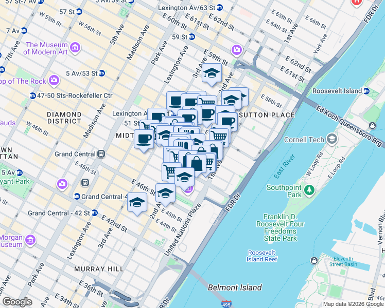 map of restaurants, bars, coffee shops, grocery stores, and more near 956 2nd Avenue in New York