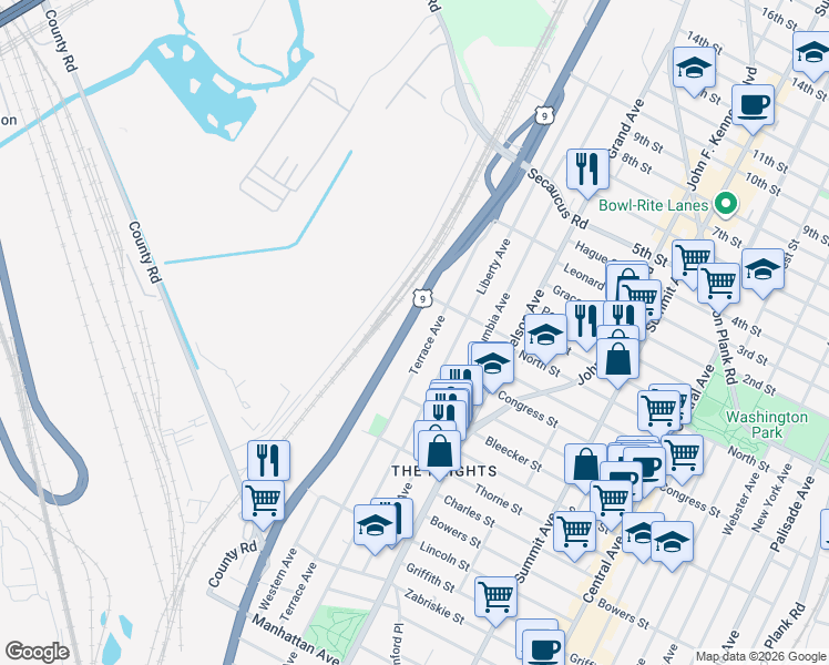 map of restaurants, bars, coffee shops, grocery stores, and more near 245 Terrace Avenue in Jersey City