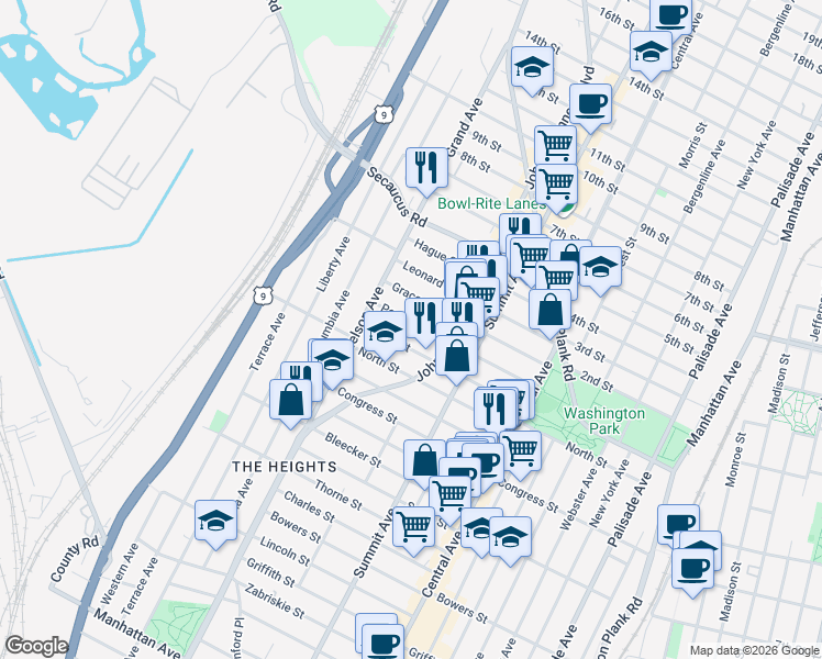 map of restaurants, bars, coffee shops, grocery stores, and more near 105 Poplar Street in Jersey City