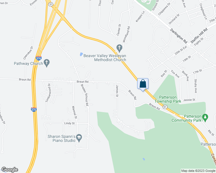 map of restaurants, bars, coffee shops, grocery stores, and more near 346 Braun Road in Beaver Falls