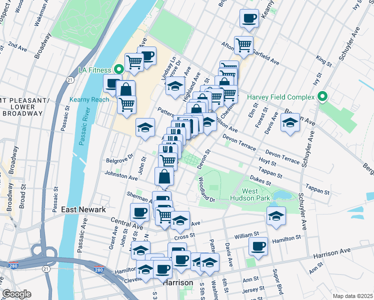 map of restaurants, bars, coffee shops, grocery stores, and more near 88 Kearny Avenue in Kearny