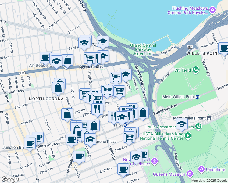 map of restaurants, bars, coffee shops, grocery stores, and more near 34-63 111th Street in Queens