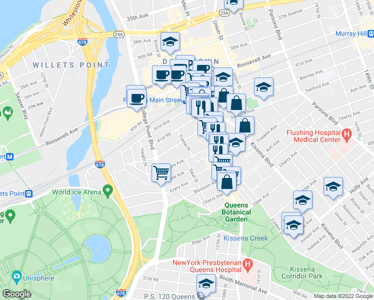 map of restaurants, bars, coffee shops, grocery stores, and more near 134-21 Maple Avenue in Queens