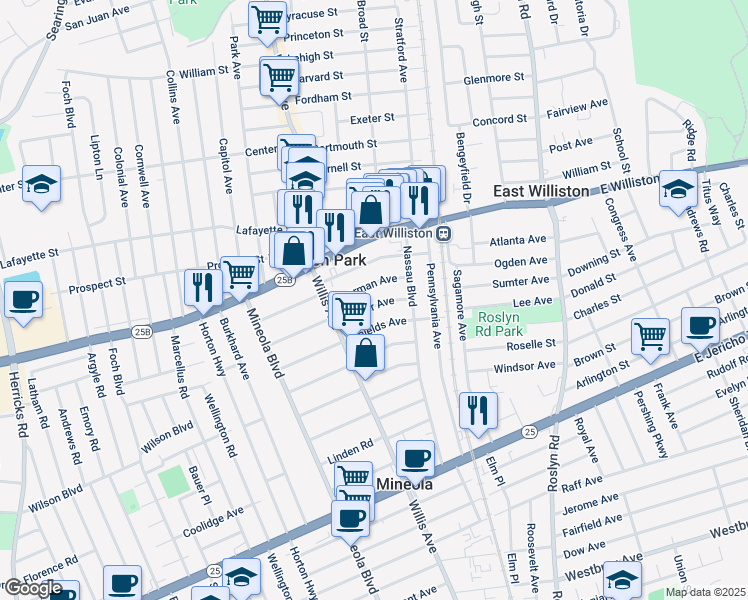 map of restaurants, bars, coffee shops, grocery stores, and more near 102 Custer Avenue in Williston Park