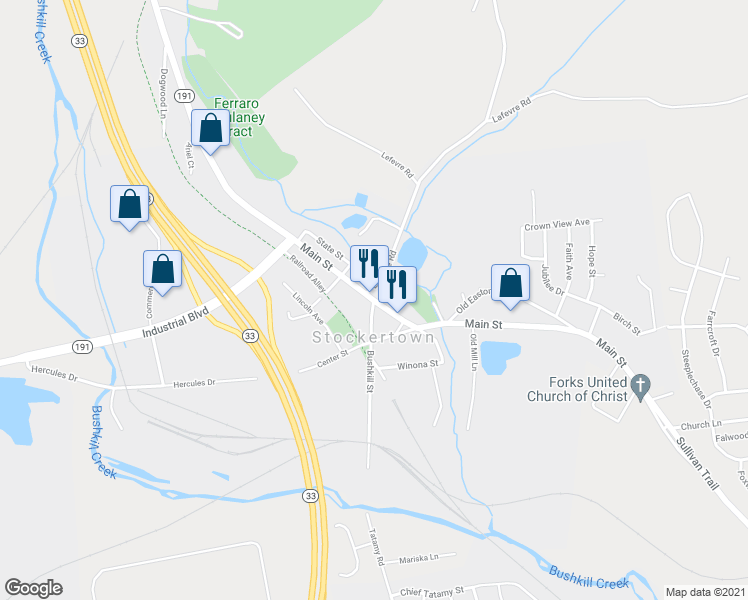 map of restaurants, bars, coffee shops, grocery stores, and more near 201 Main Street in Easton