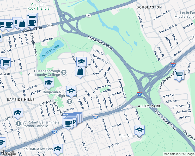 map of restaurants, bars, coffee shops, grocery stores, and more near 228-09 56th Avenue in Queens