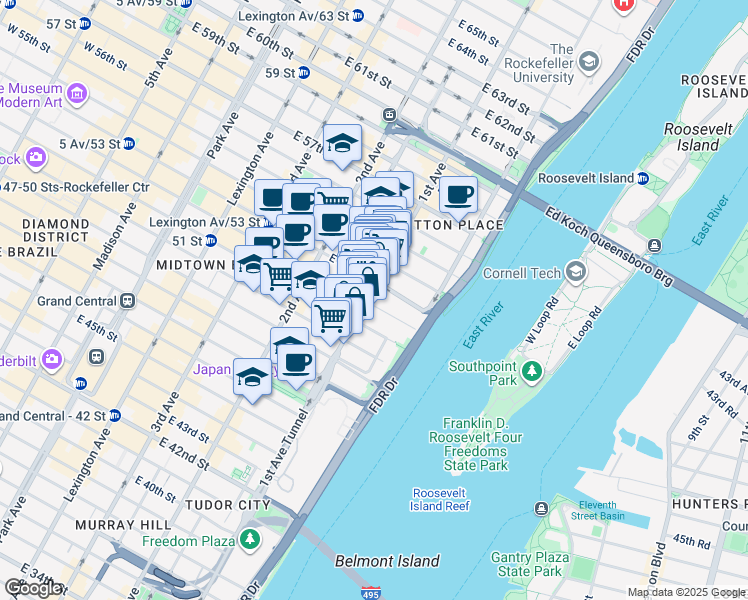 map of restaurants, bars, coffee shops, grocery stores, and more near 941 1st Avenue in New York