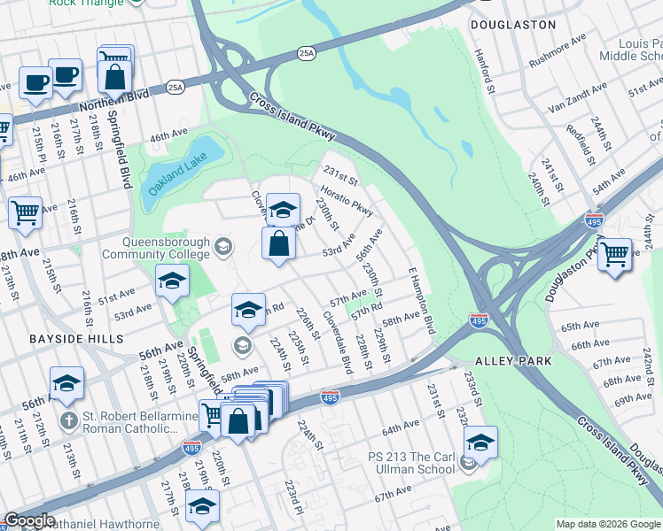 map of restaurants, bars, coffee shops, grocery stores, and more near 228-05 56th Avenue in Queens