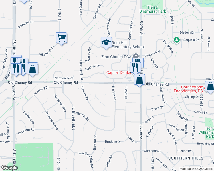 map of restaurants, bars, coffee shops, grocery stores, and more near 2201 Old Cheney Road in Lincoln