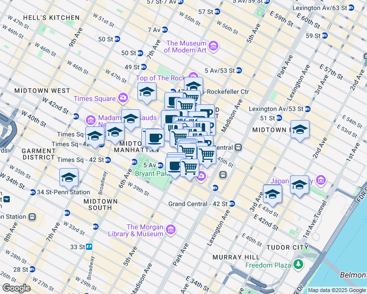 map of restaurants, bars, coffee shops, grocery stores, and more near 530 5th Avenue in New York