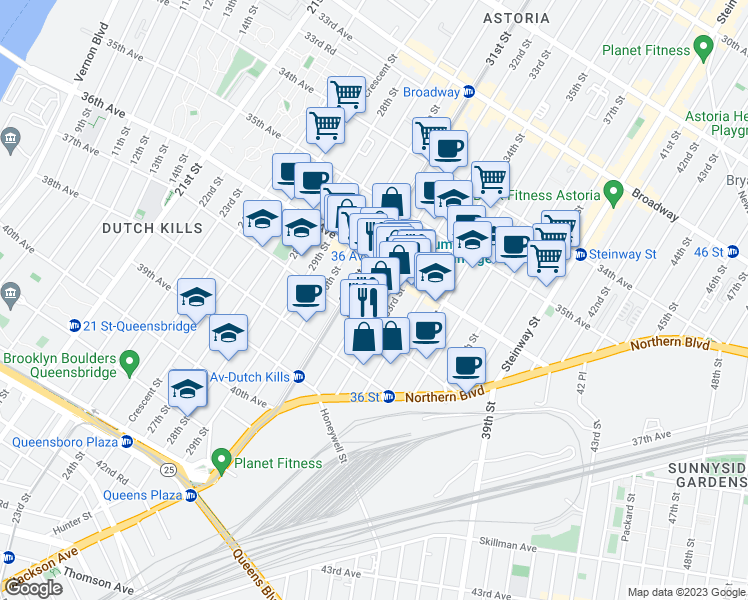 map of restaurants, bars, coffee shops, grocery stores, and more near 36-37 32nd Street in Queens