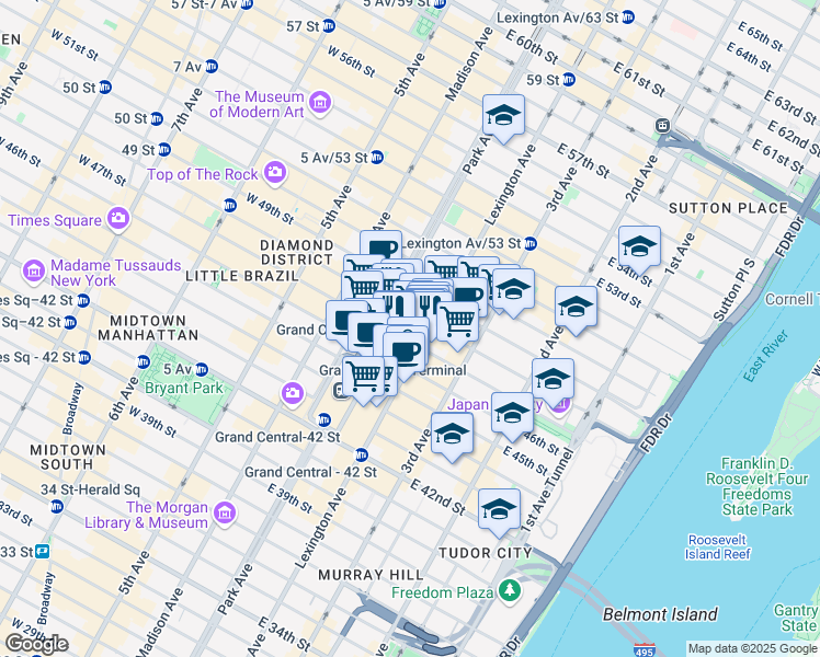 map of restaurants, bars, coffee shops, grocery stores, and more near 277 Park Avenue in New York