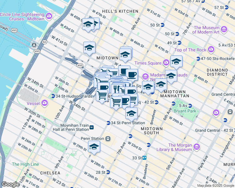 map of restaurants, bars, coffee shops, grocery stores, and more near 325 West 38th Street in New York