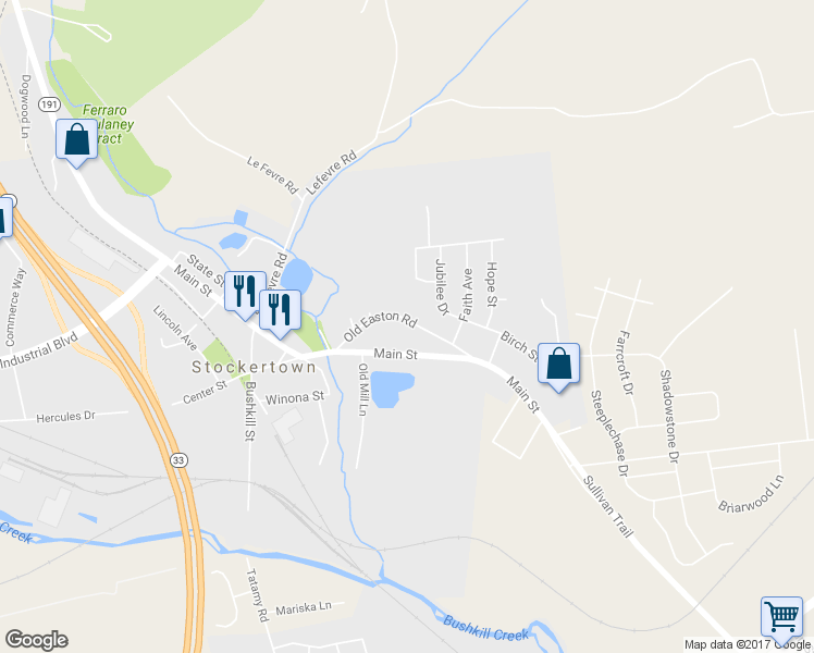 map of restaurants, bars, coffee shops, grocery stores, and more near 211 Old Easton Road in Easton