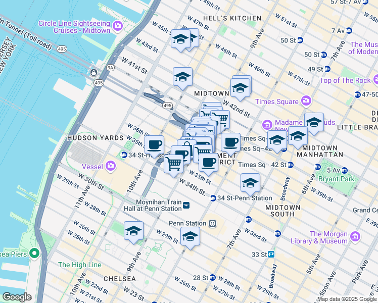 map of restaurants, bars, coffee shops, grocery stores, and more near 462 9th Avenue in New York
